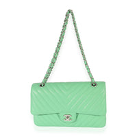 Chanel Green Chevron Quilted Caviar Medium Classic Flap Bag