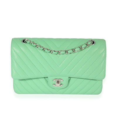 Chanel Green Chevron Quilted Caviar Medium Classic Flap Bag