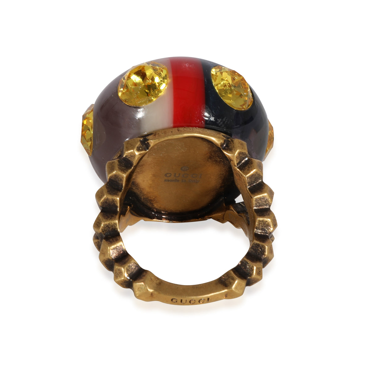 Gucci Brass Tone Crystal & Resin Web Cocktail Ring