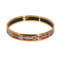 Hermès Gold Tone Red Enamel Narrow Bangle with Green Ribbons (62mm)