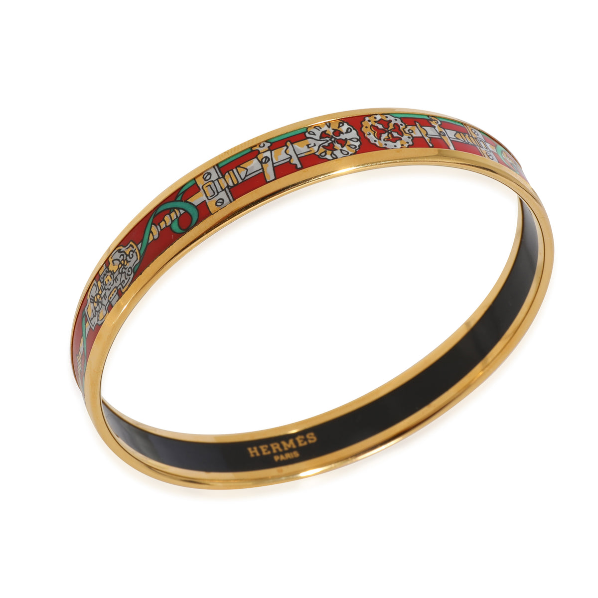 Hermès Gold Tone Red Enamel Narrow Bangle with Green Ribbons (62mm)