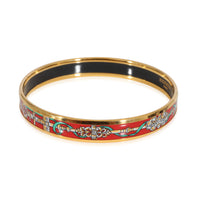 Hermès Gold Tone Red Enamel Narrow Bangle with Green Ribbons (62mm)