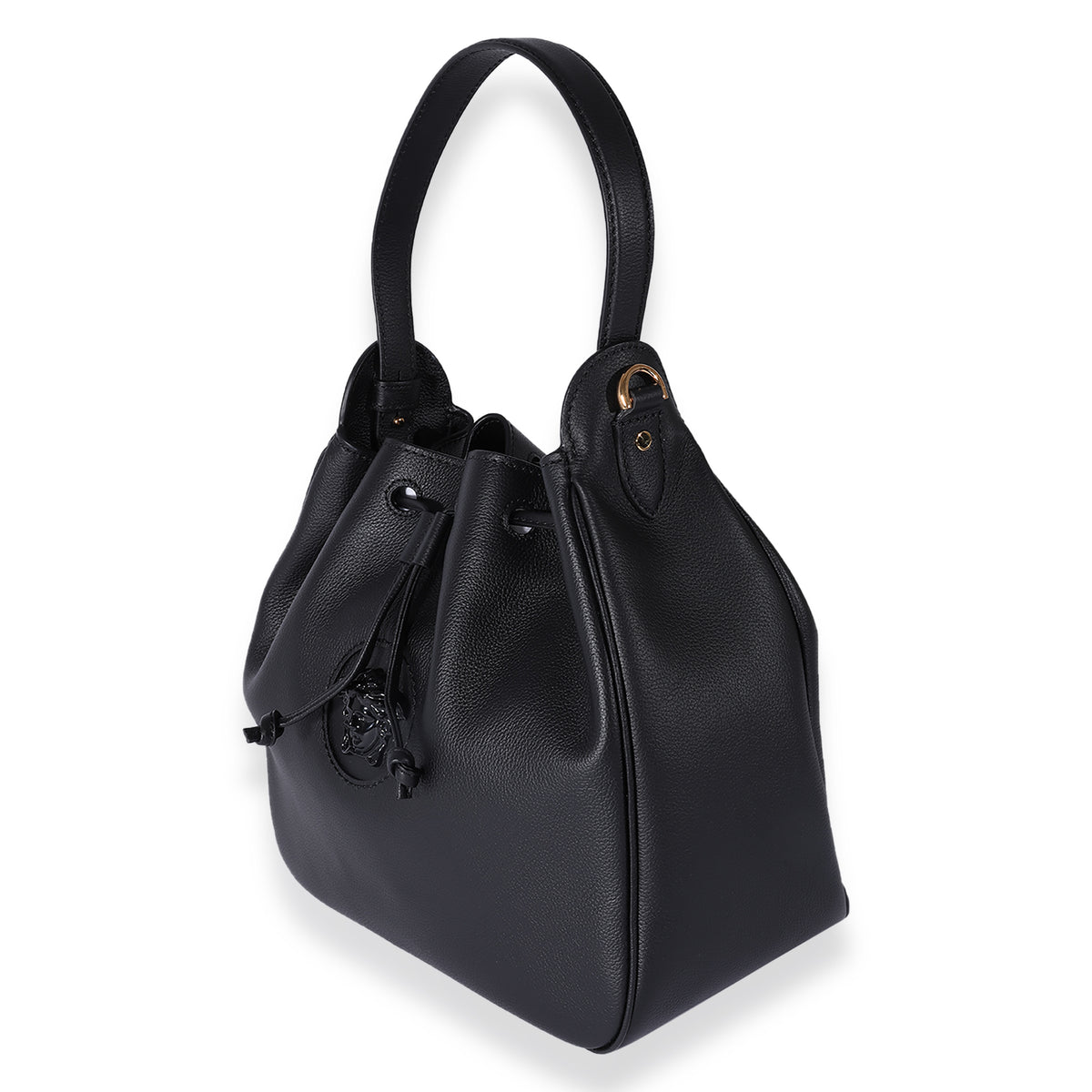 Versace Black Leather La Medusa Drawstring Bucket Bag