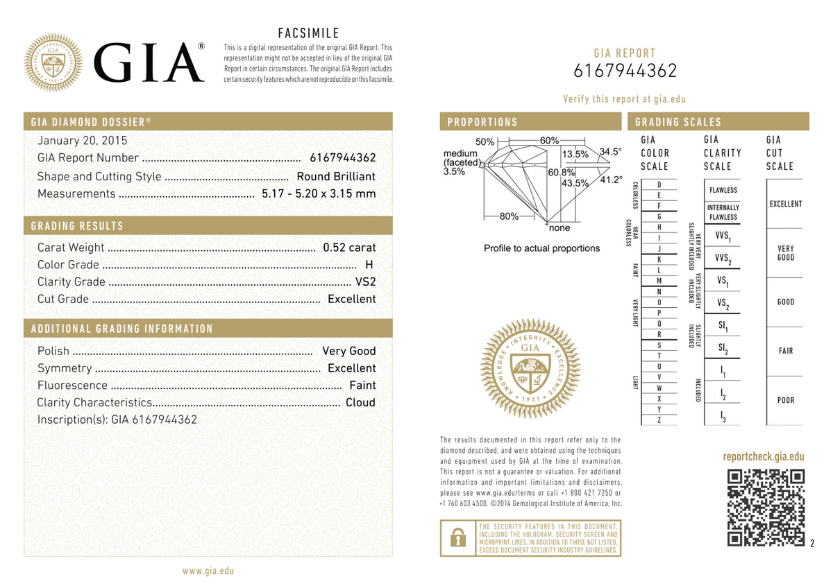 GIA Certified 0.52 Ct Round cut H VS2 Loose Diamond