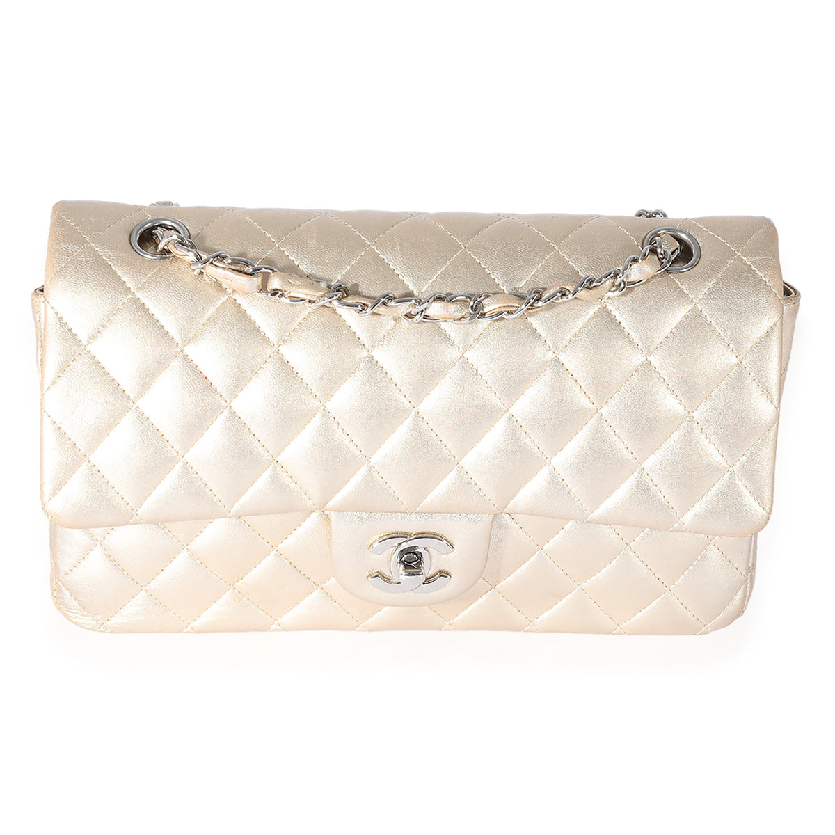 Chanel Metallic Silver Quilted Lambskin Leather Medium Double Flap