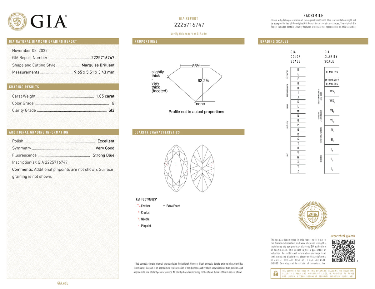 GIA Certified 1.05 Ct Marquise cut G SI2 Loose Diamond