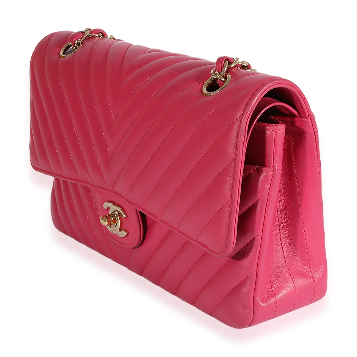 Chanel Fuchsia Chevron Quilted Calfskin Classic Medium Double Flap