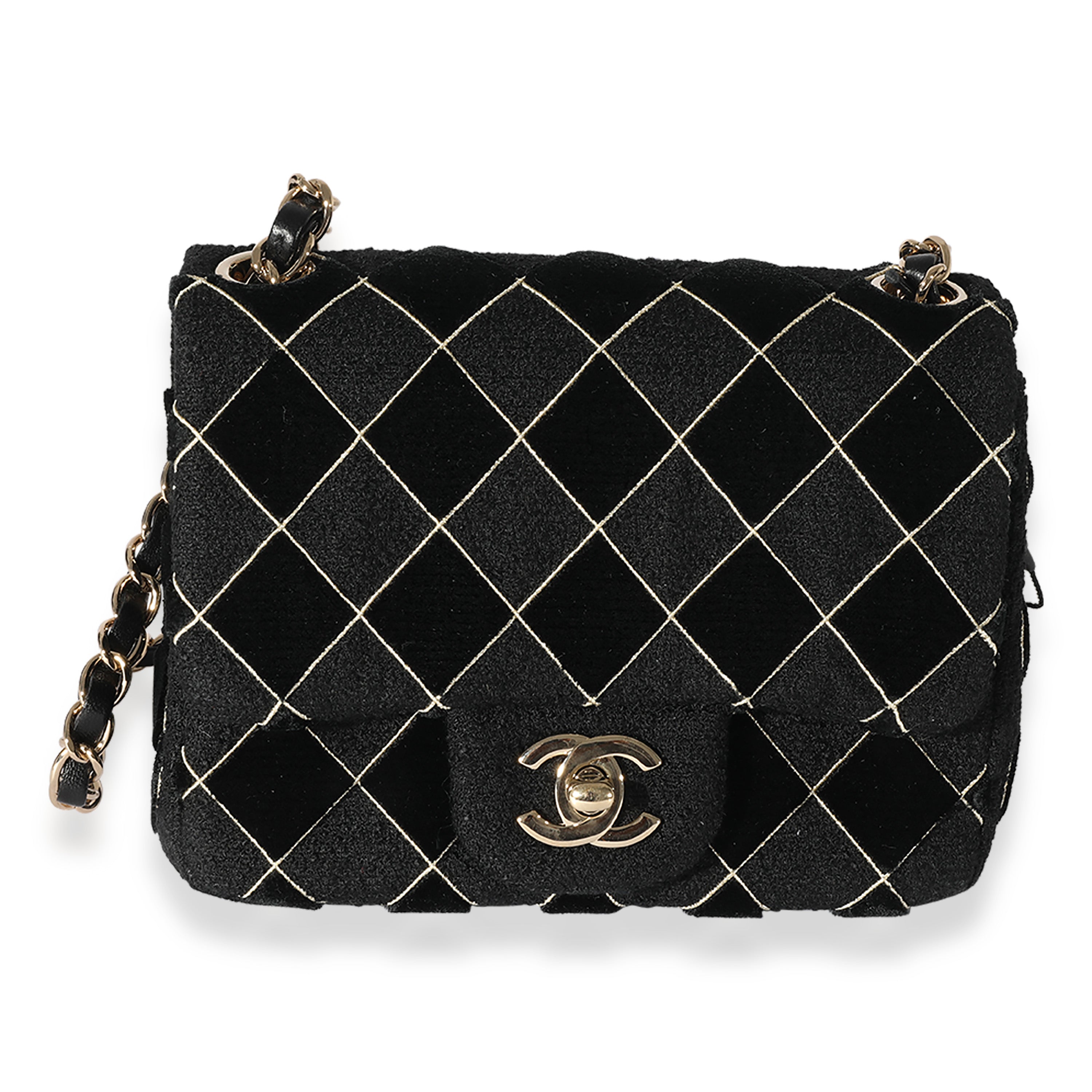 chanel mini velvet backpack Chanel Black Velvet & Tweed Diamond Stitch Square Mini Flap Bag