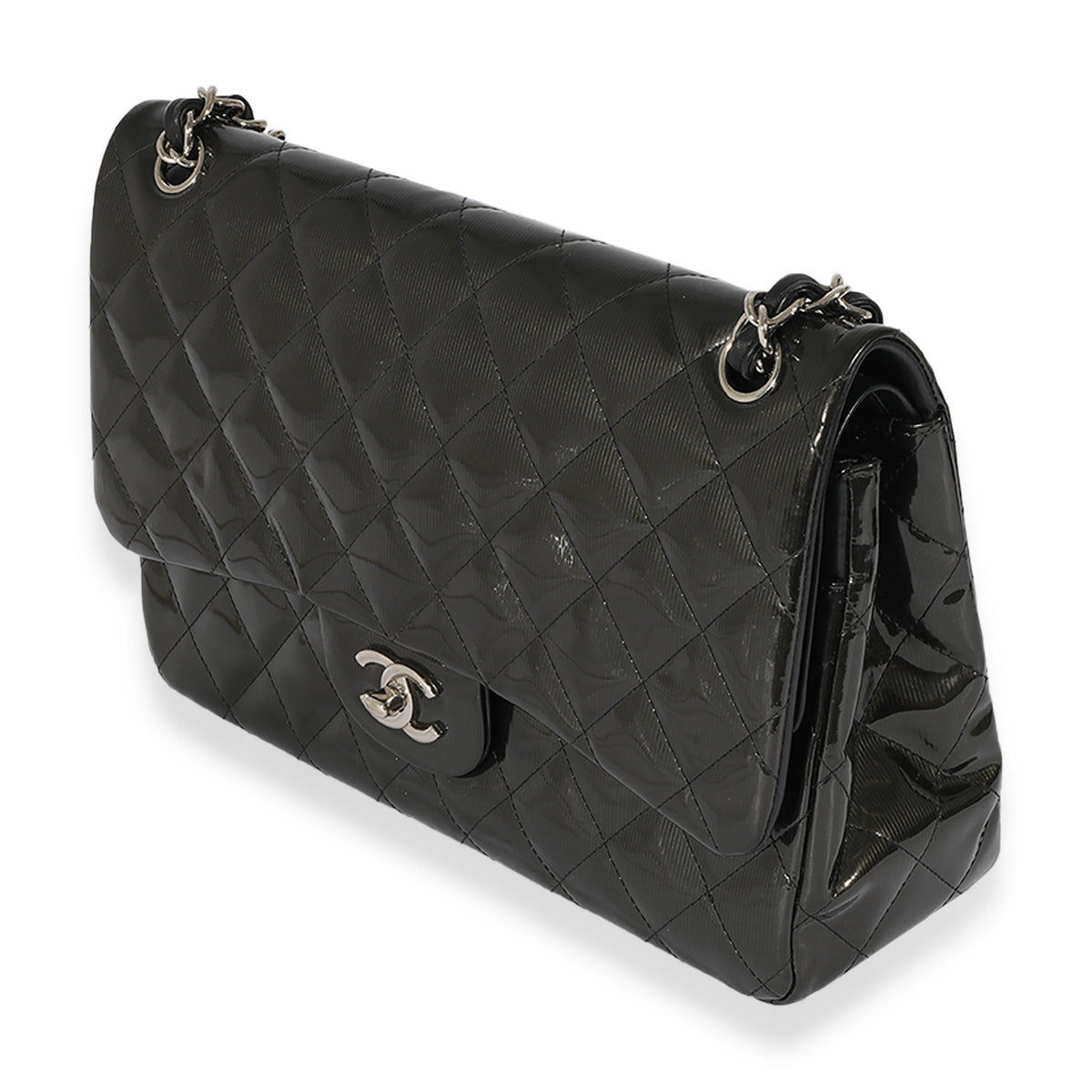 Chanel Grey Quilted Patent Leather Stripe Jumbo Double Flap Bag