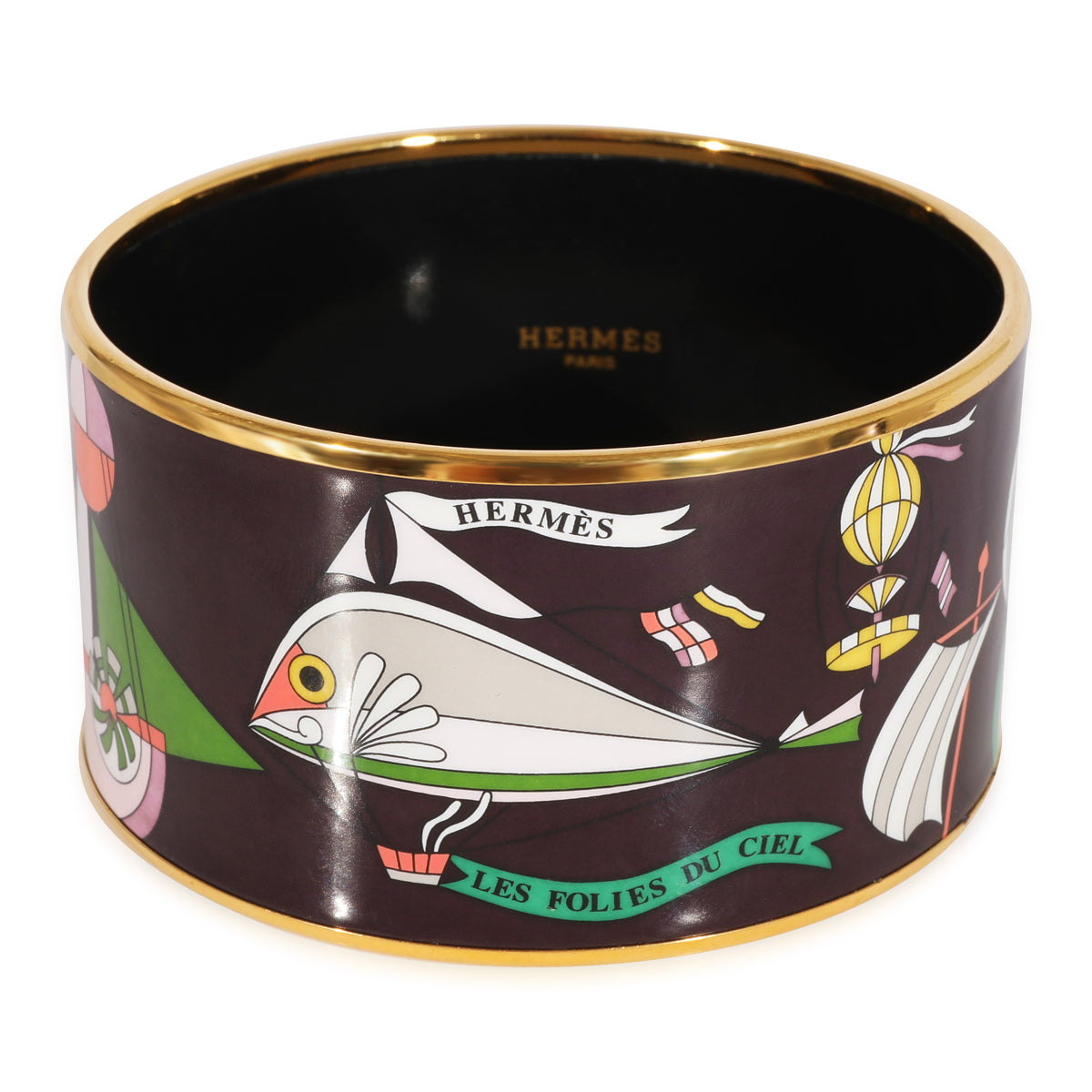 Hermes Plated Extra Wide Les Folies du Ciel Eggplant Color Enamel Bangle (67MM)