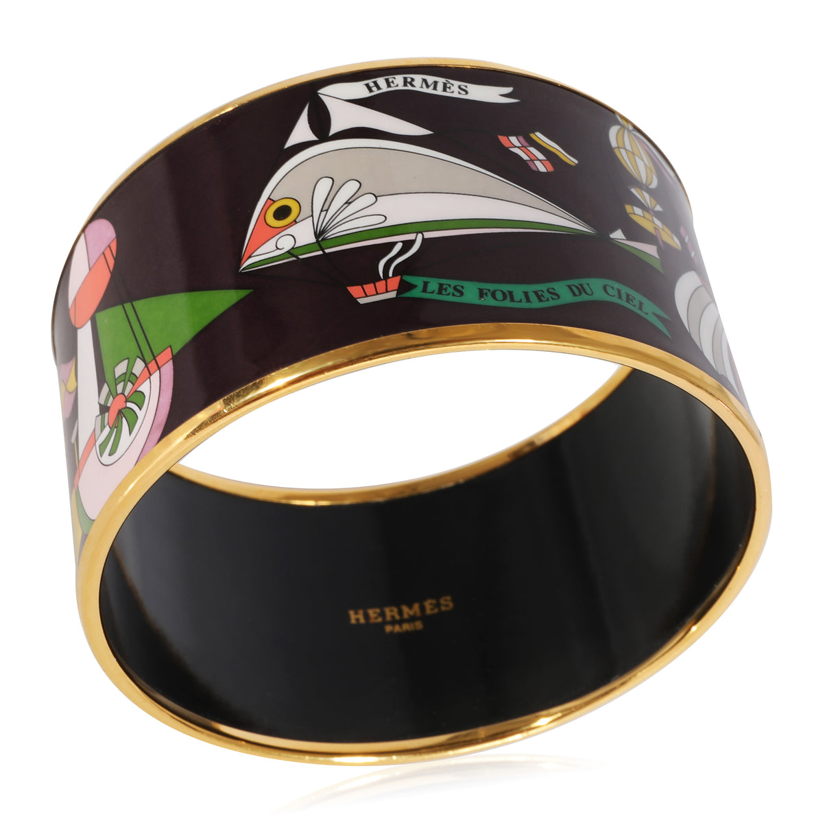 Hermes Plated Extra Wide Les Folies du Ciel Eggplant Color Enamel Bangle (67MM)