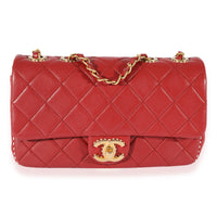 Chanel Red Quilted Leather White Stitch Flap Bag