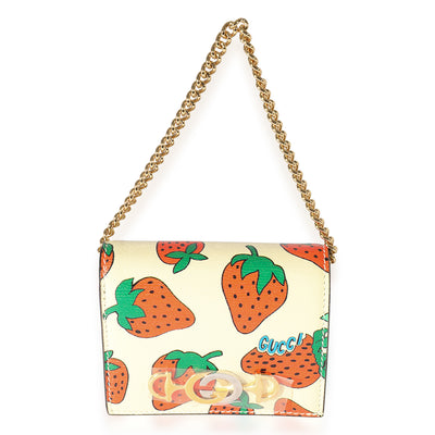 Gucci Creme Calfskin Strawberry Print Zumi Chain Card Case