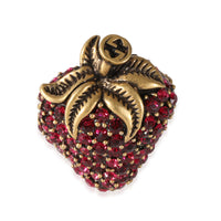 Gucci Red Crystal Strawberry Brooch in Brass Tone Metal