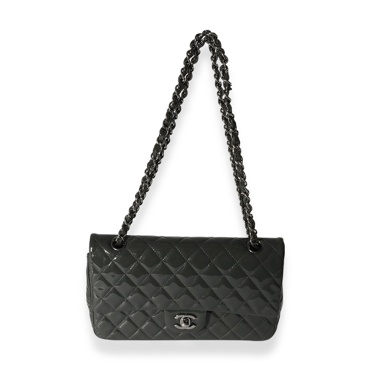 Chanel Grey Patent Leather Medium Classic Flap Bag