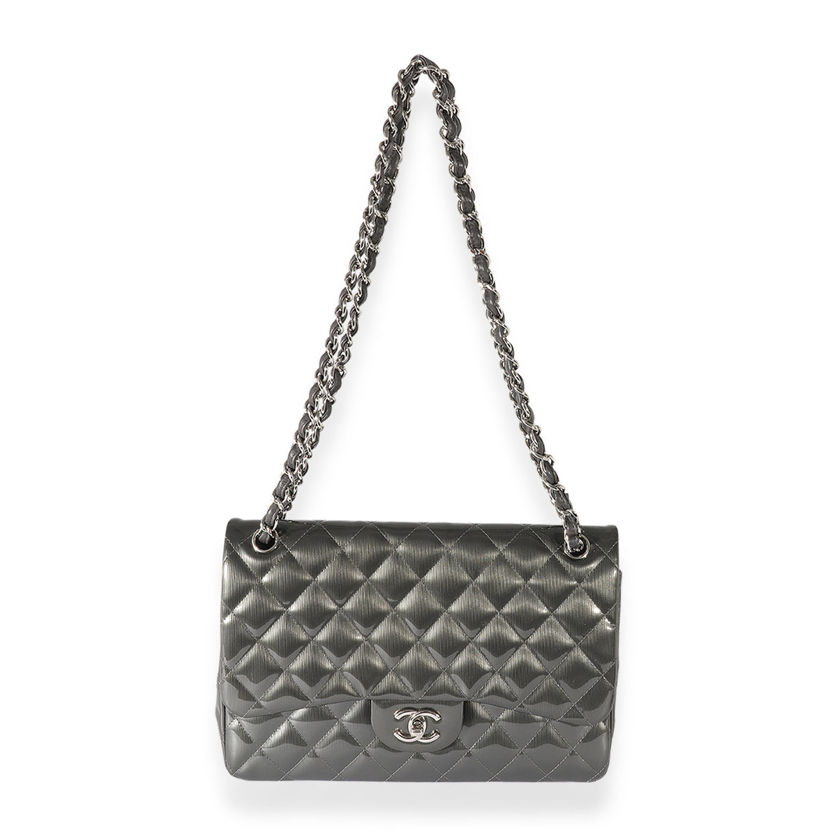 Chanel Grey Patent Leather Stripe Jumbo Double Flap