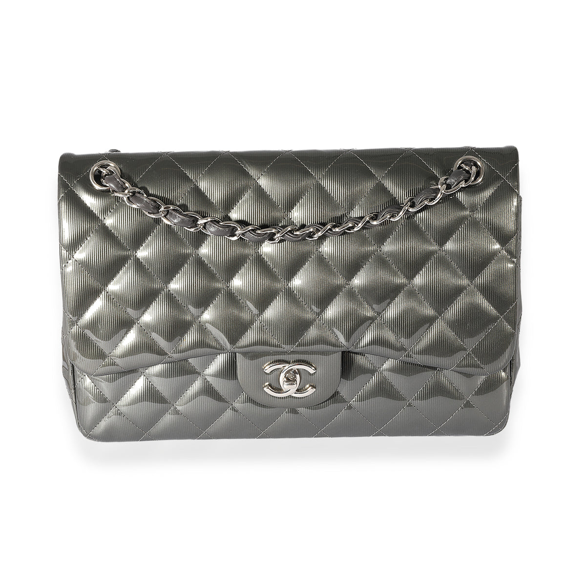 Chanel Grey Patent Leather Stripe Jumbo Double Flap