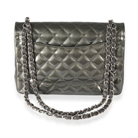 Chanel Grey Patent Leather Stripe Jumbo Double Flap