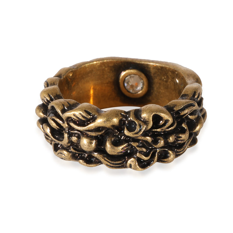 Aged Brass Finish Gucci Crystal Lion's Mane Ring, 8mm Wide