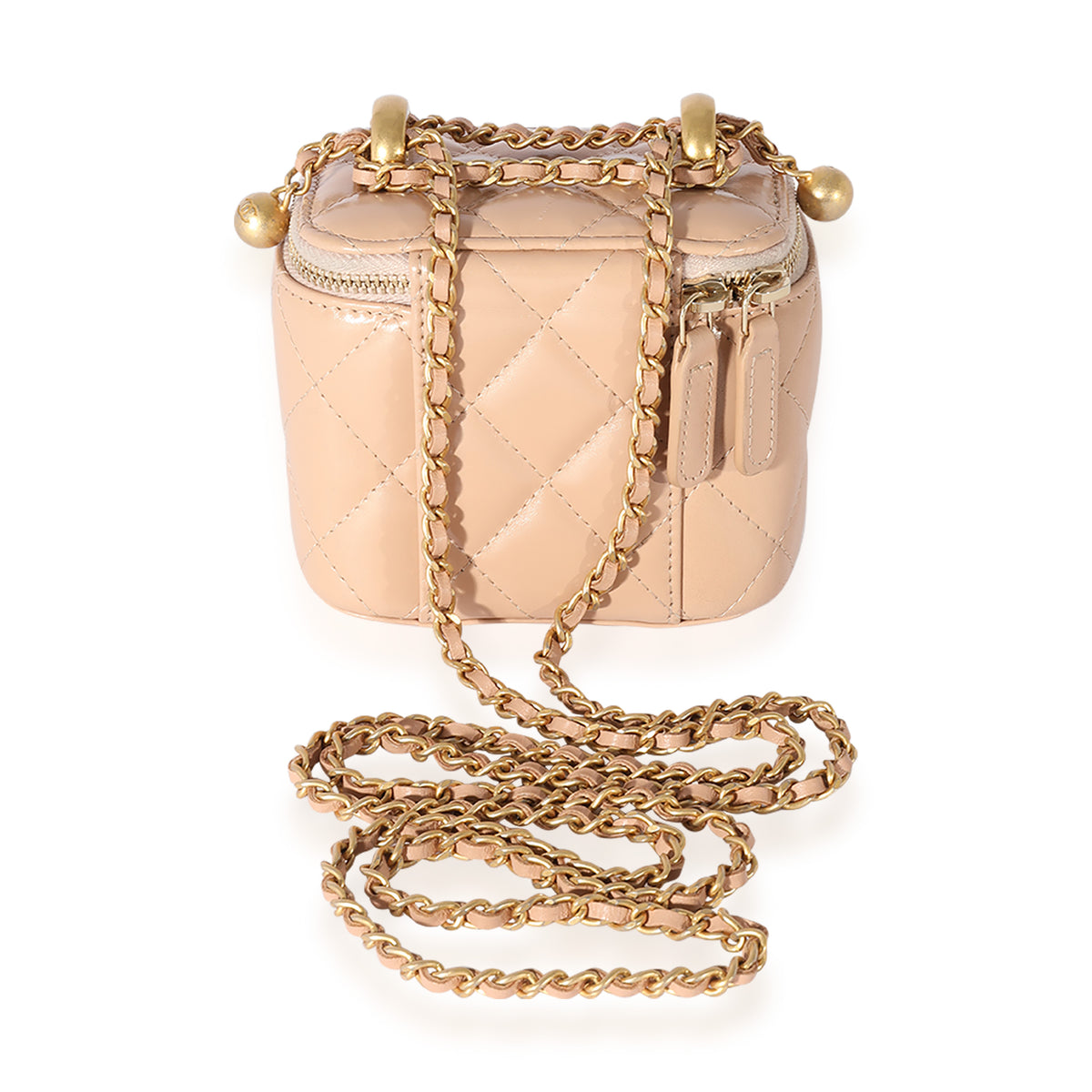 Chanel Mini Vanity Lambskin Bag With Pearl Chain Light Orange