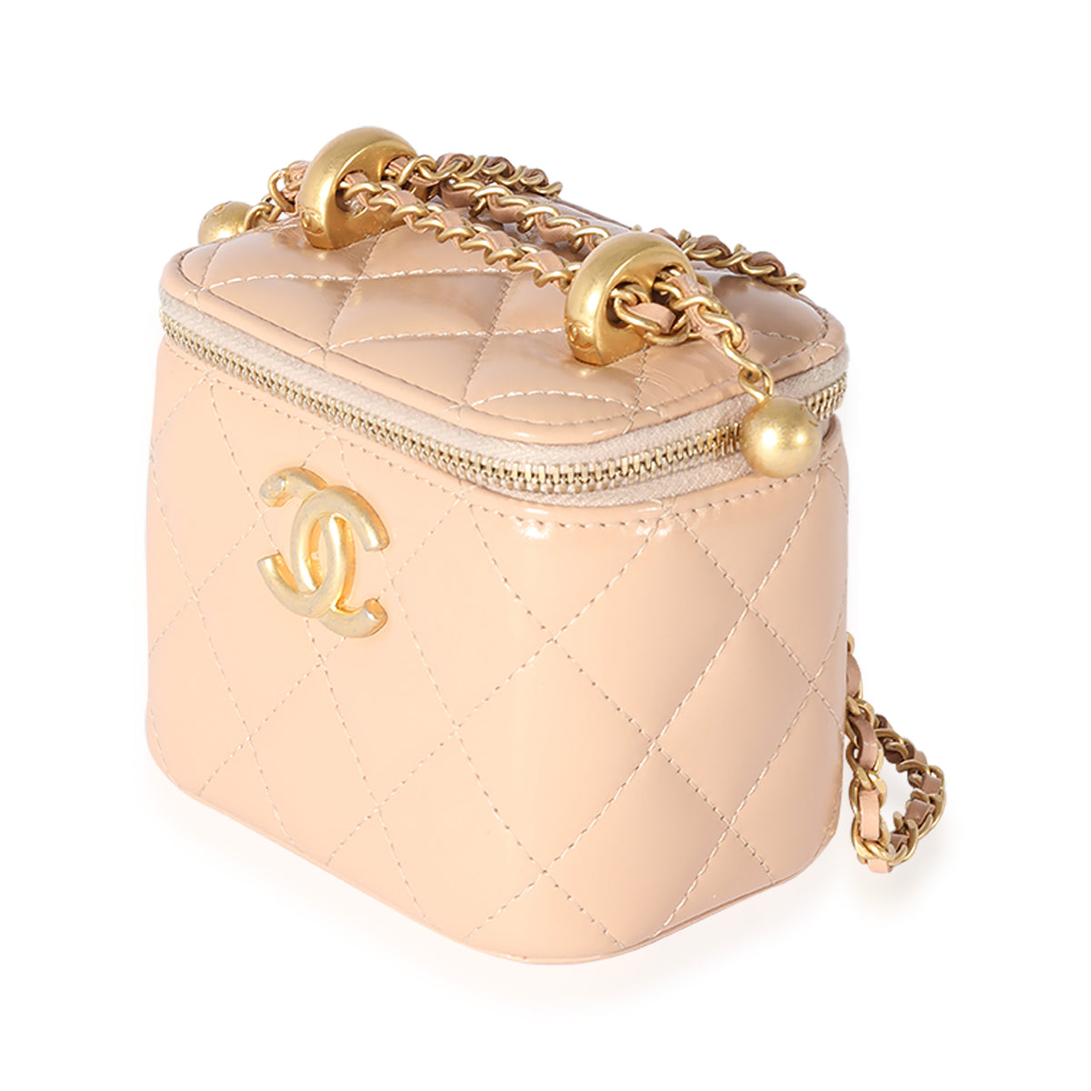 CHANEL Patent Quilted Pearl Crush Small Vanity Case With Chain Neon Pink  1300638