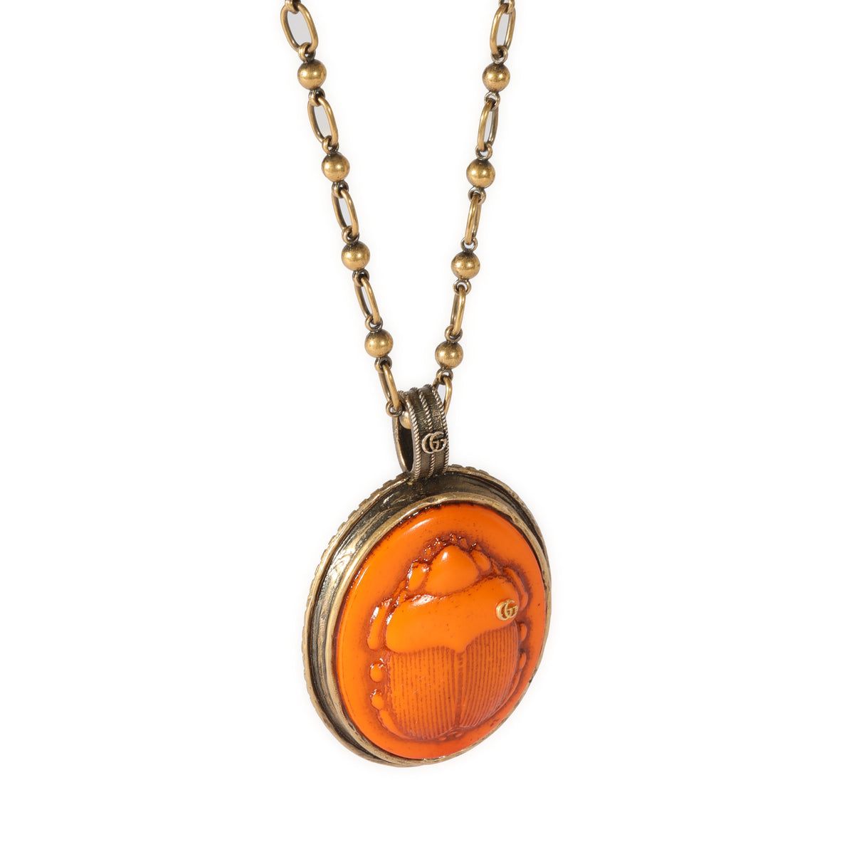 Gucci Brass Tone Orange Scarab Beetle Pendant