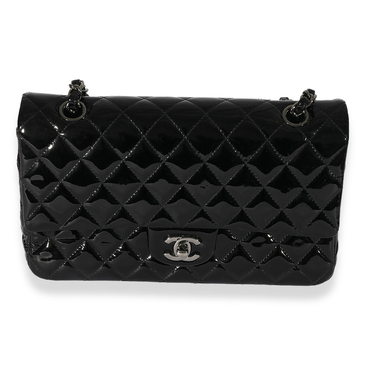 Chanel Black Quilted Patent Leather Medium Classic Double Flap Bag
