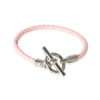 Palladium Plated Hermes Glenan Bracelet In Pink Swift Calfskin