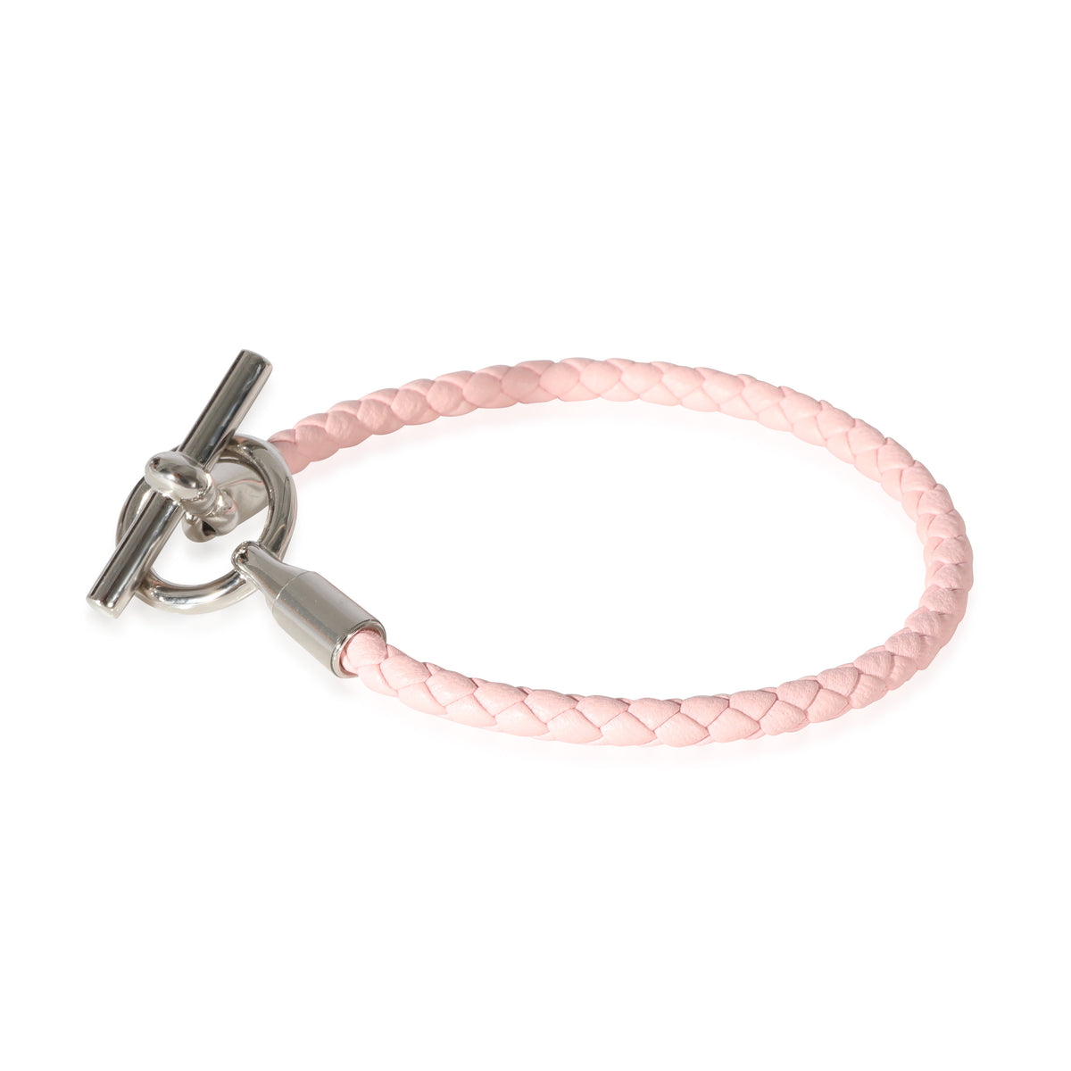 Palladium Plated Hermes Glenan Bracelet In Pink Swift Calfskin