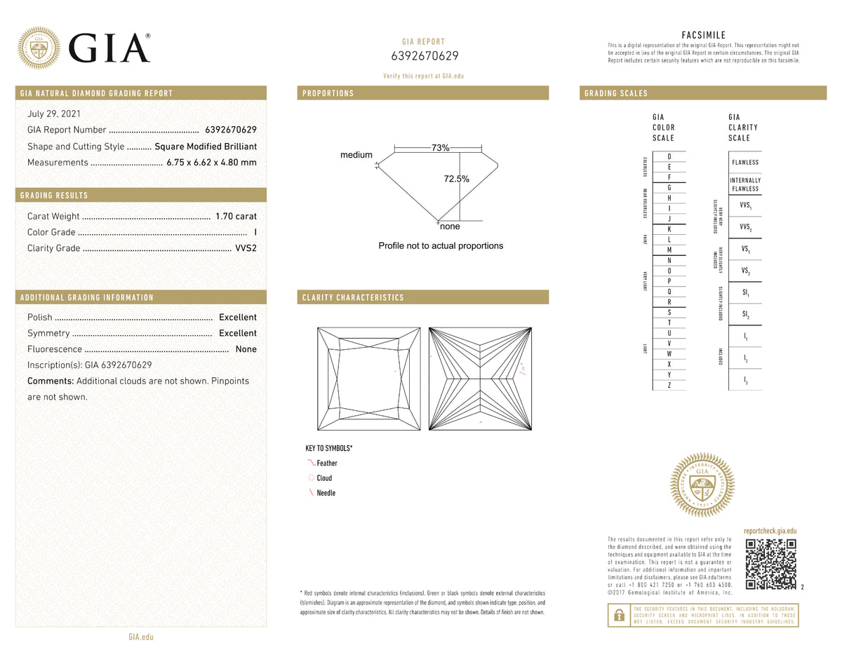 GIA Certified 1.70 Ct Princess cut I VVS2 Loose Diamond