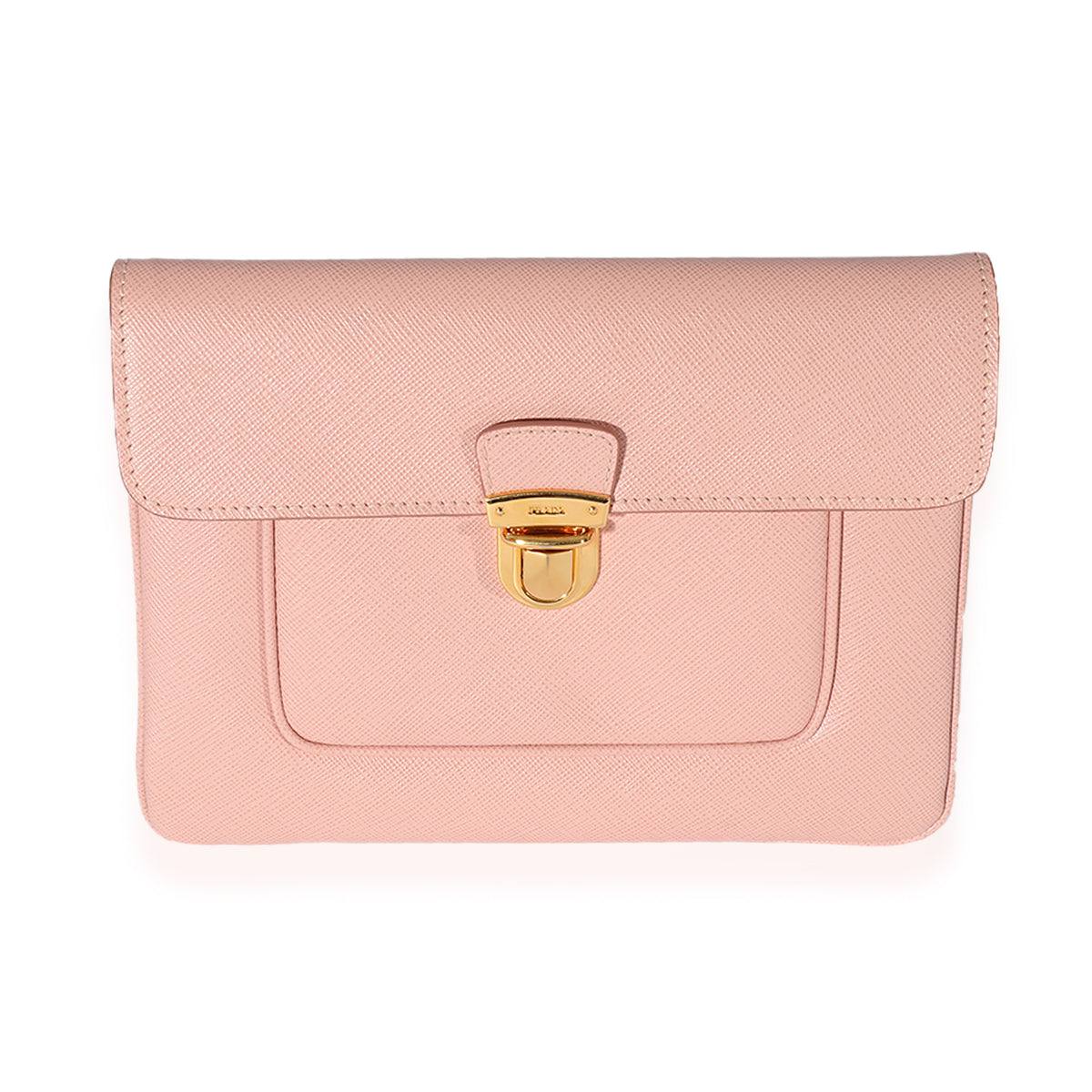 Prada Pink Saffiano Front Clasp Flap Clutch