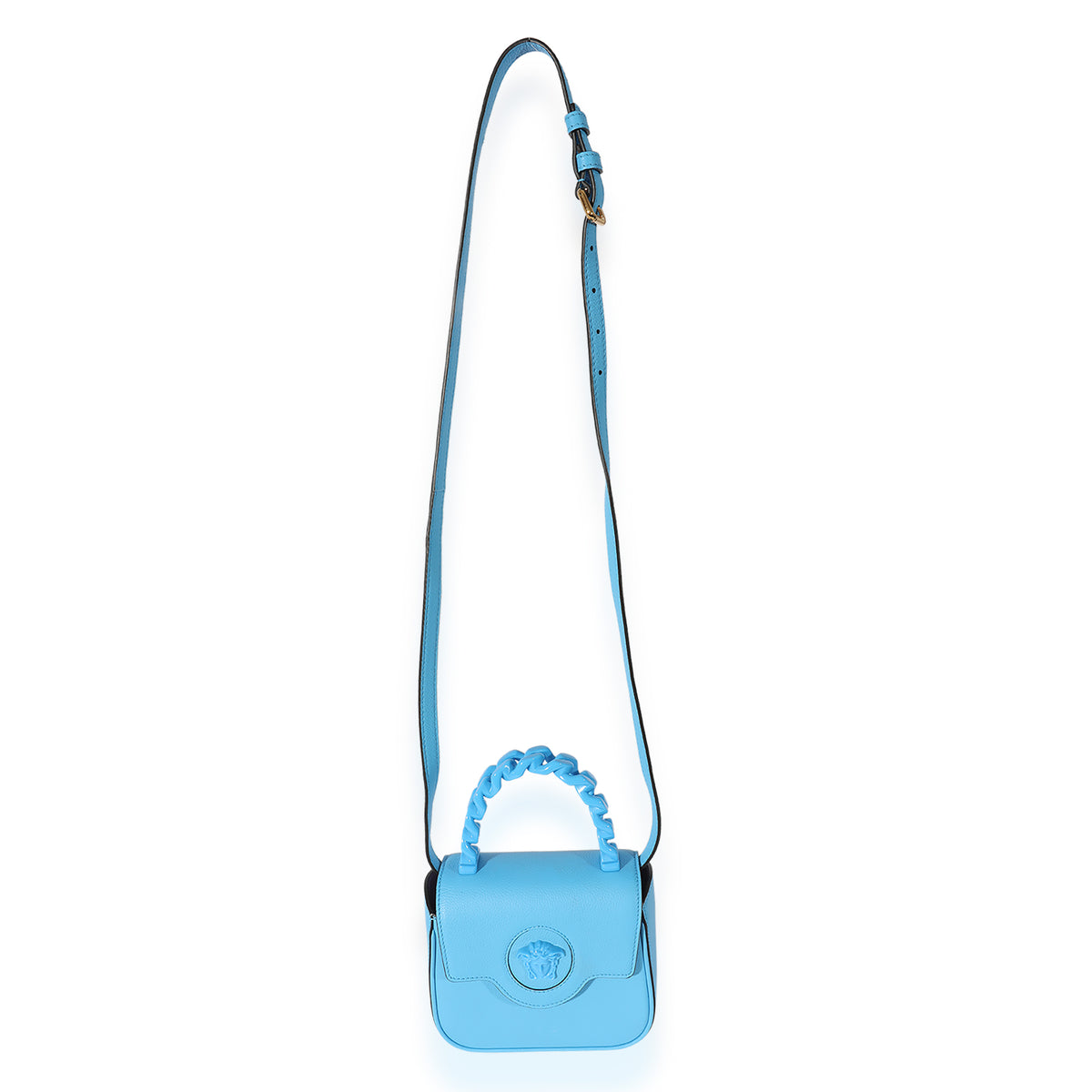 Versace Blue Leather Mini La Medusa Chain Top Handle Bag