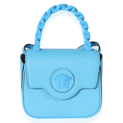 Versace Blue Leather Mini La Medusa Chain Top Handle Bag