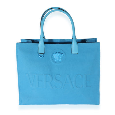 Versace La Medusa Blue Canvas Logo Tote