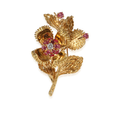 Tiffany & Co. Vintage Diamond Ruby Brooch in 18k Yellow Gold F-G VS 0.17 CTW