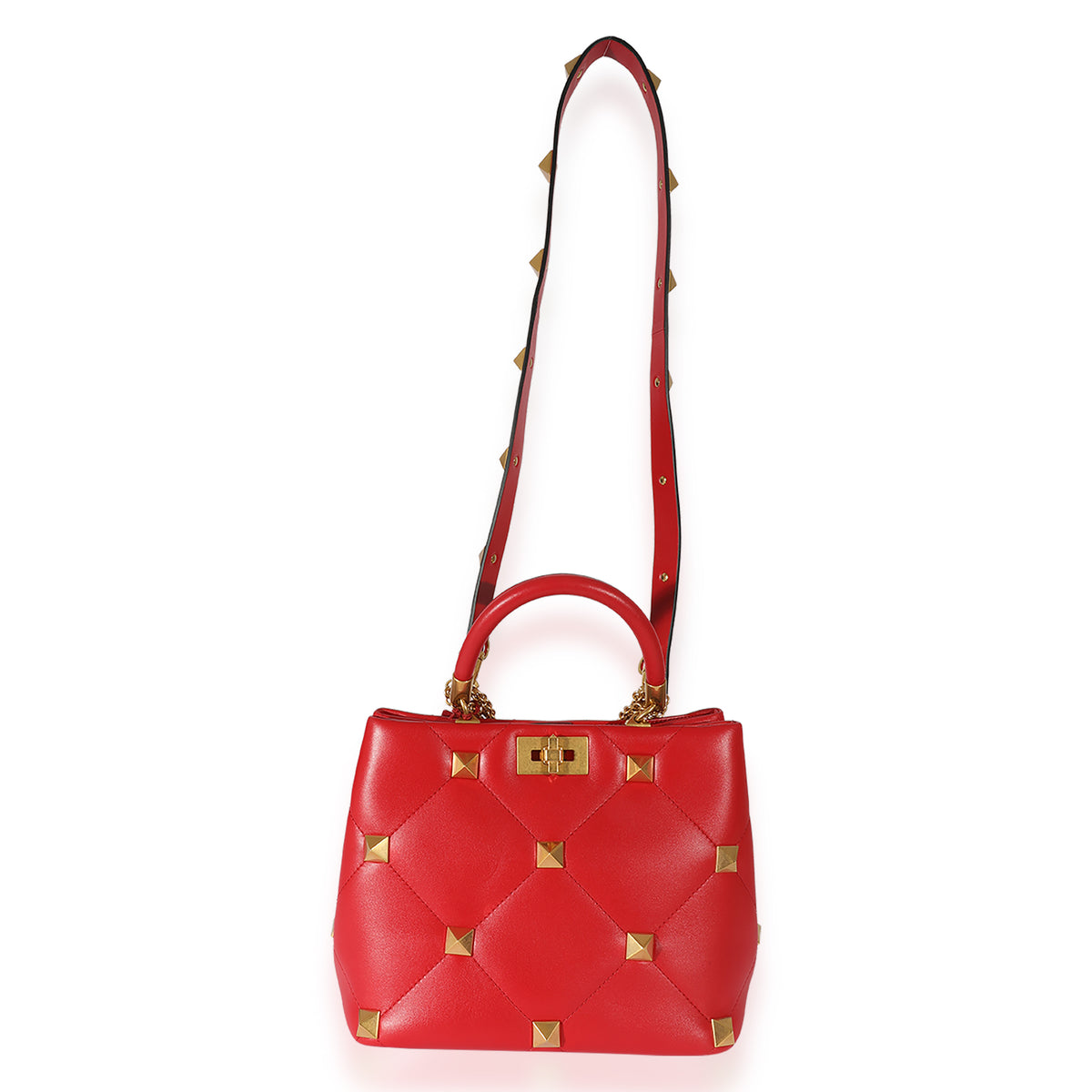 Valentino Red Leather Roman Stud Top Handle