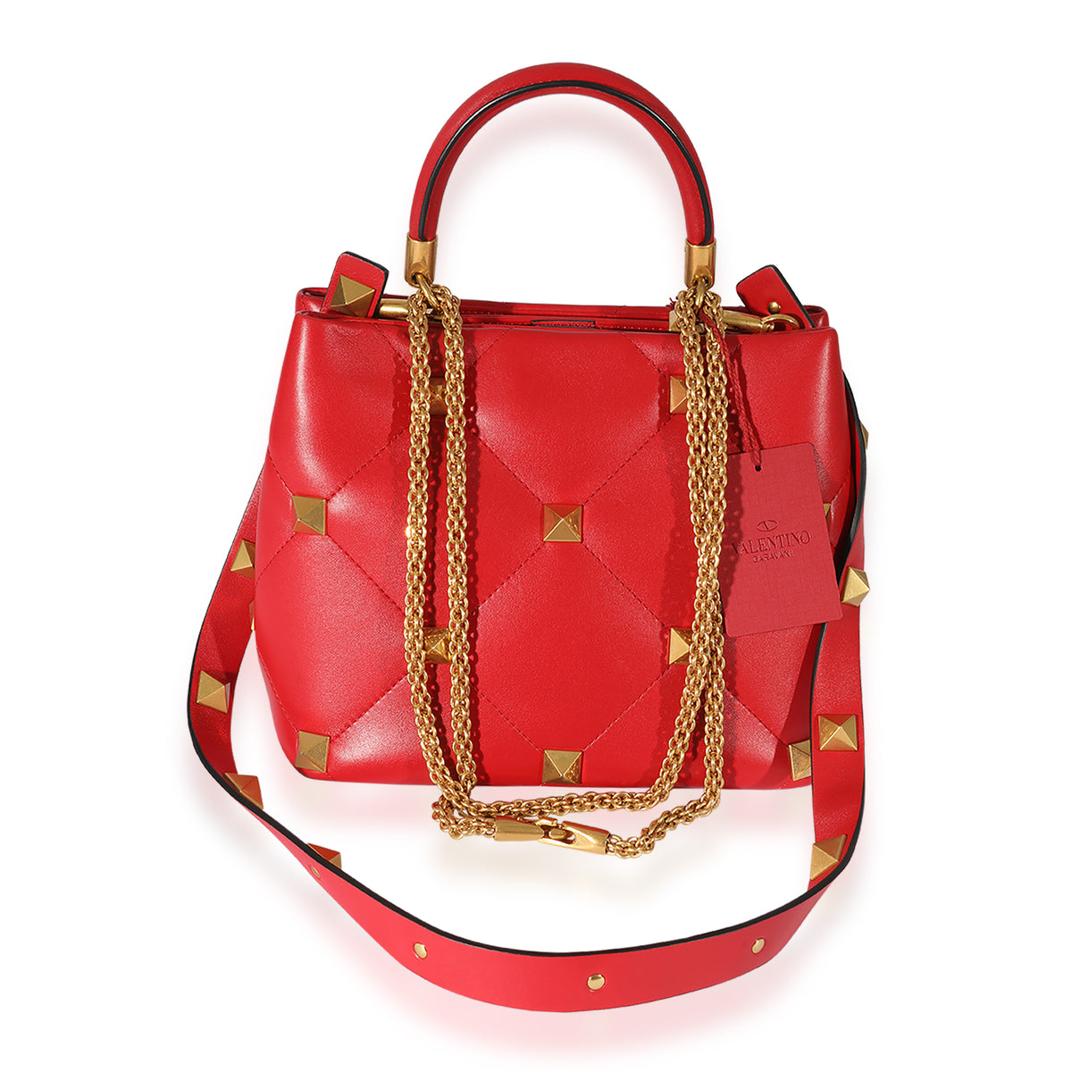 Valentino Red Leather Roman Stud Top Handle