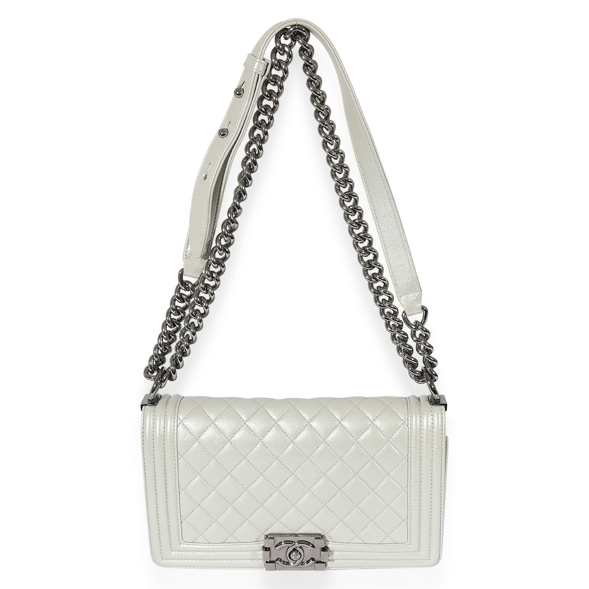 Chanel Silver Quilted Caviar Medium Boy Bag