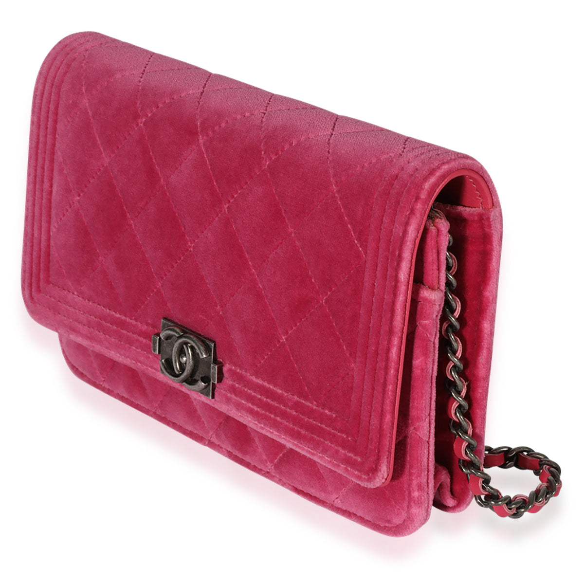 Chanel Pink Velvet Boy Wallet On Chain