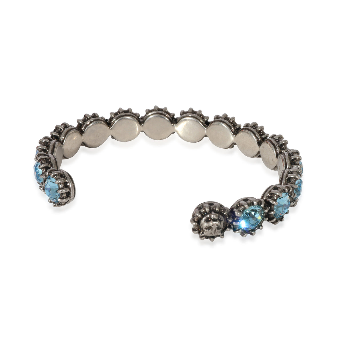 Gucci Blue Crystal & Feline Head  Cuff Bangle in Aged Dark Silver Tone Metal