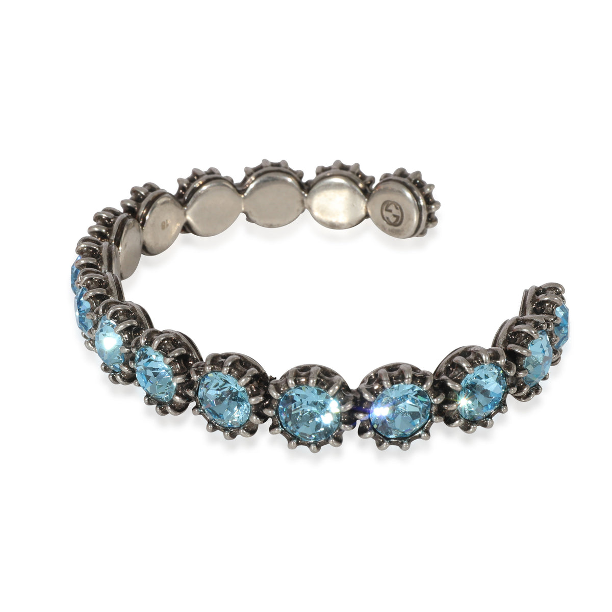 Gucci Blue Crystal & Feline Head  Cuff Bangle in Aged Dark Silver Tone Metal