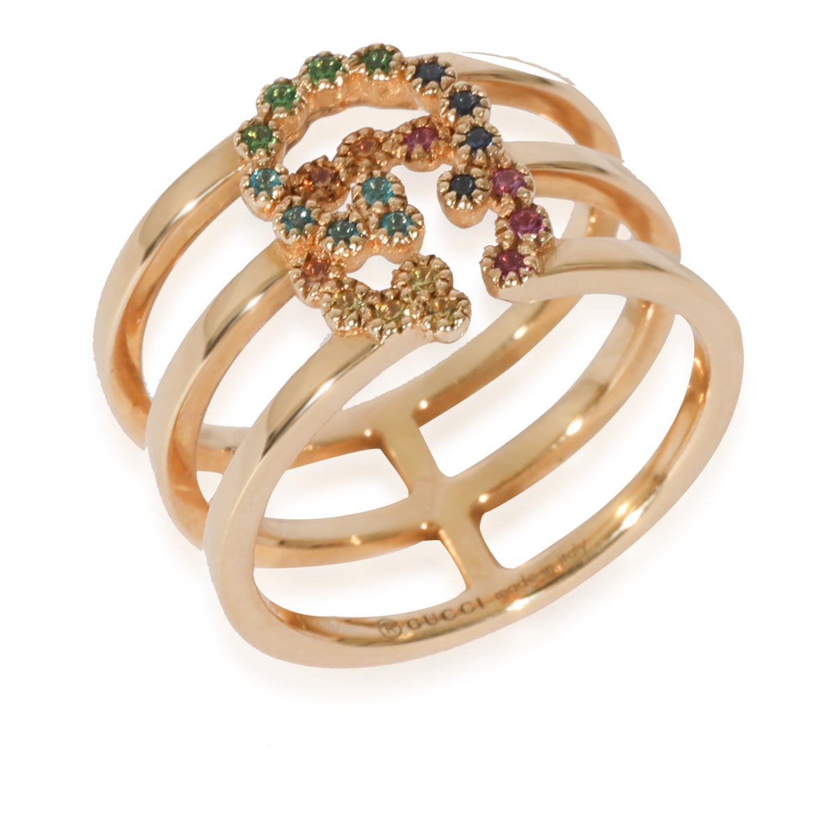 Gucci GG Running Yellow Gold Triple Row Mixed Gemstone Ring in 18K Yellow Gold