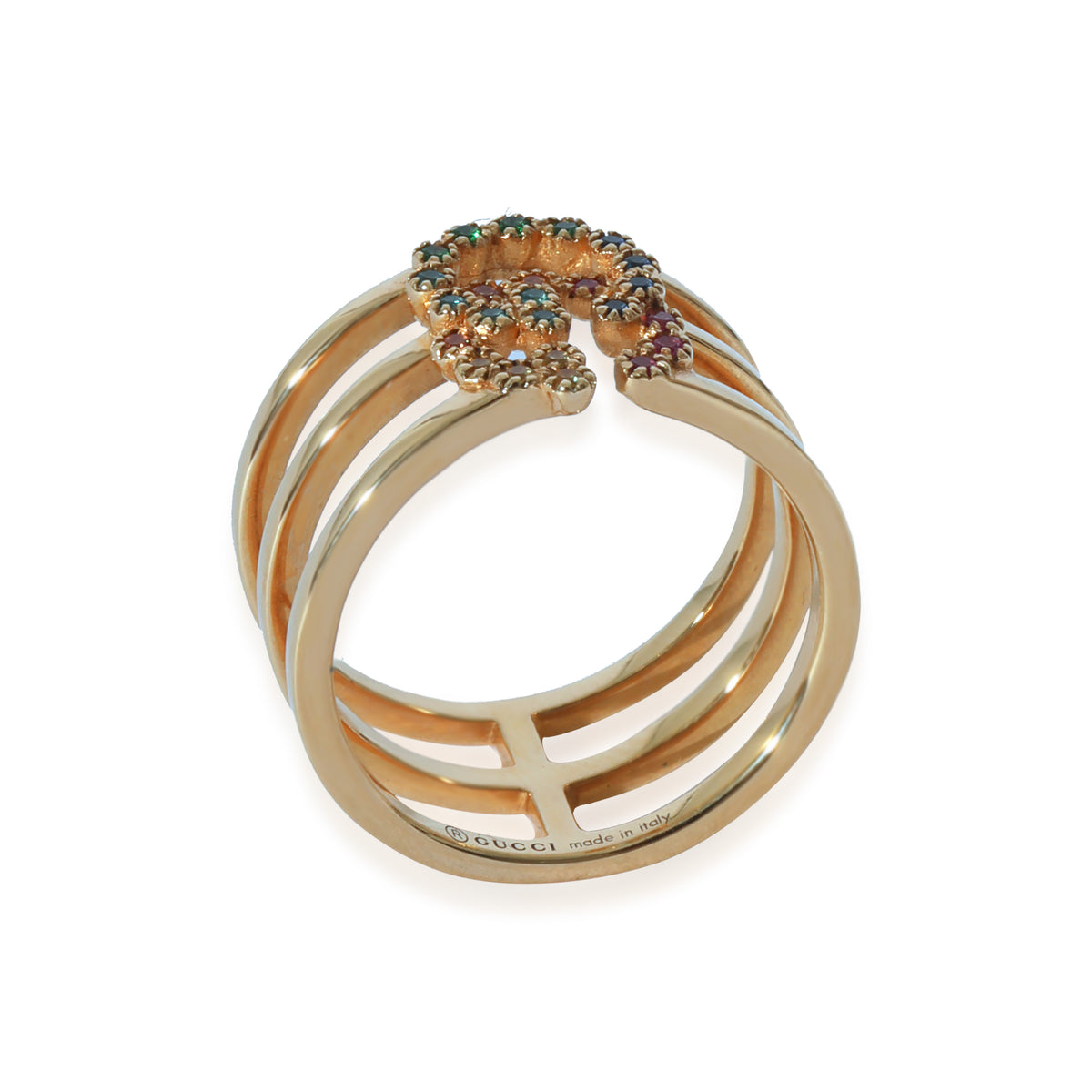 Gucci GG Running Yellow Gold Triple Row Mixed Gemstone Ring in 18K Yellow Gold