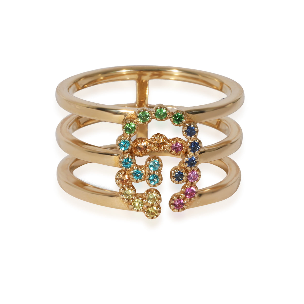 Gucci GG Running Yellow Gold Triple Row Mixed Gemstone Ring in 18K Yellow Gold