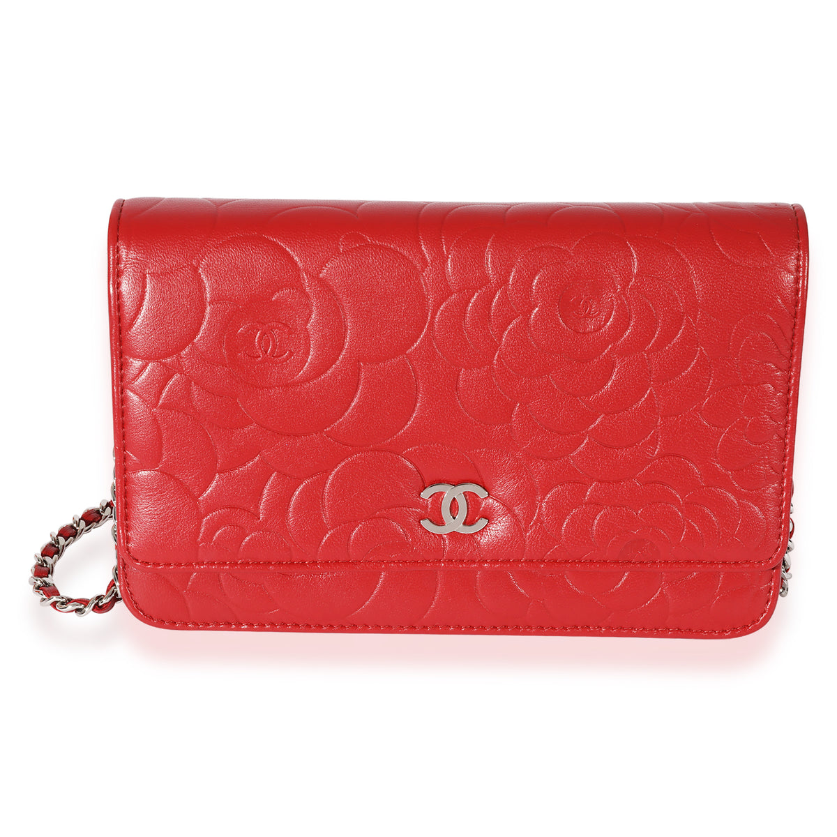 Chanel Red Lambskin Camellia Wallet On Chain