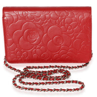 Chanel Red Lambskin Camellia Wallet On Chain