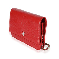 Chanel Red Lambskin Camellia Wallet On Chain