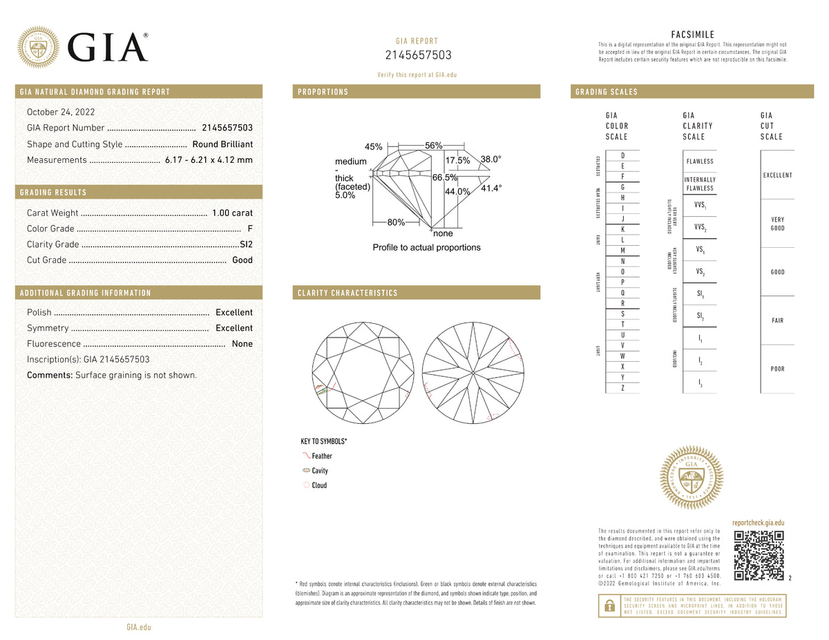 GIA Certified 1.00 Ct Round cut F SI2 Loose Diamond