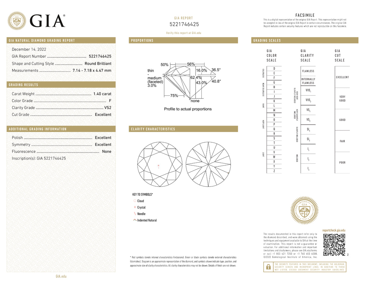 GIA Certified 1.40 Ct Round cut F VS2 Loose Diamond