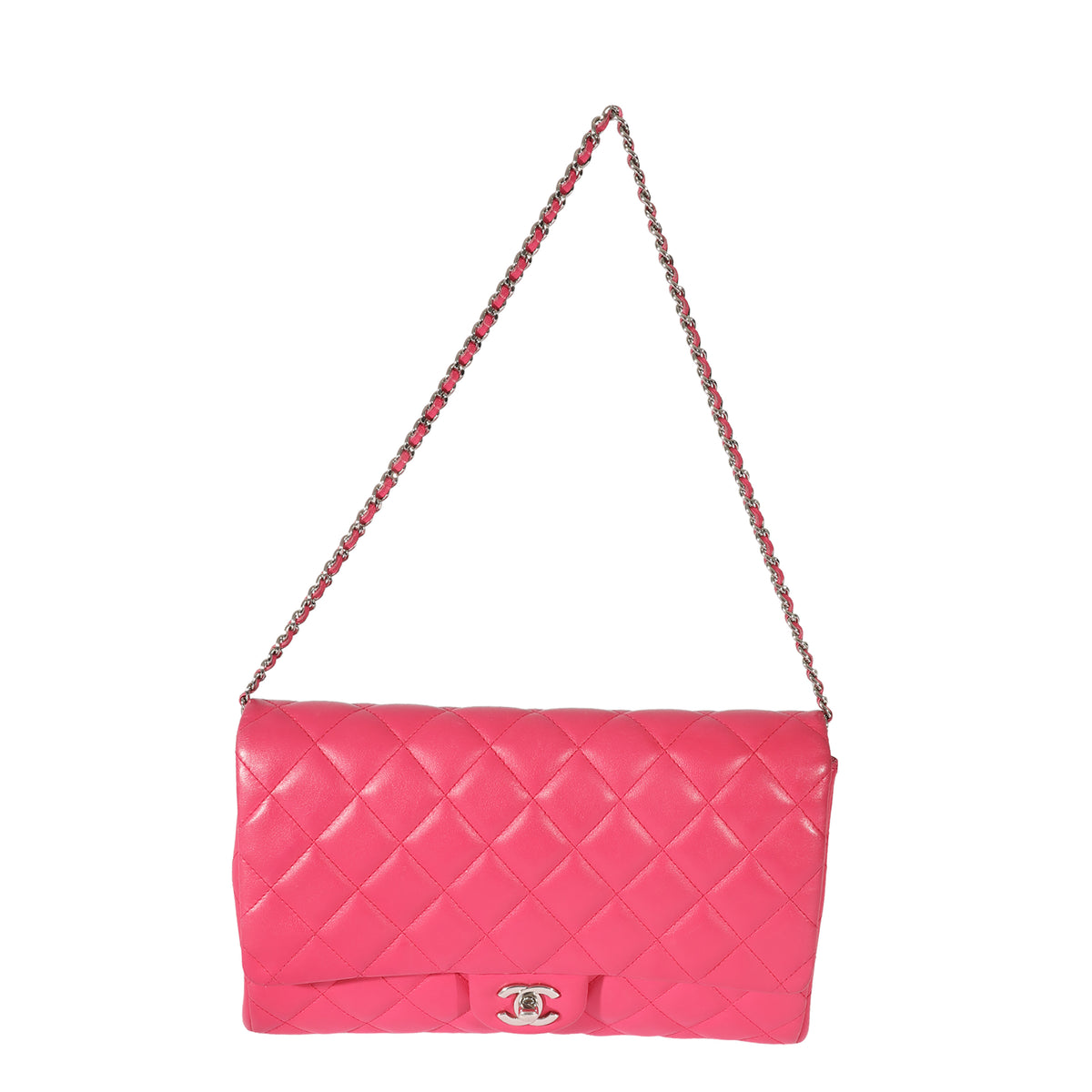 Chanel Pink Lambskin Classic Flap Clutch With Chain